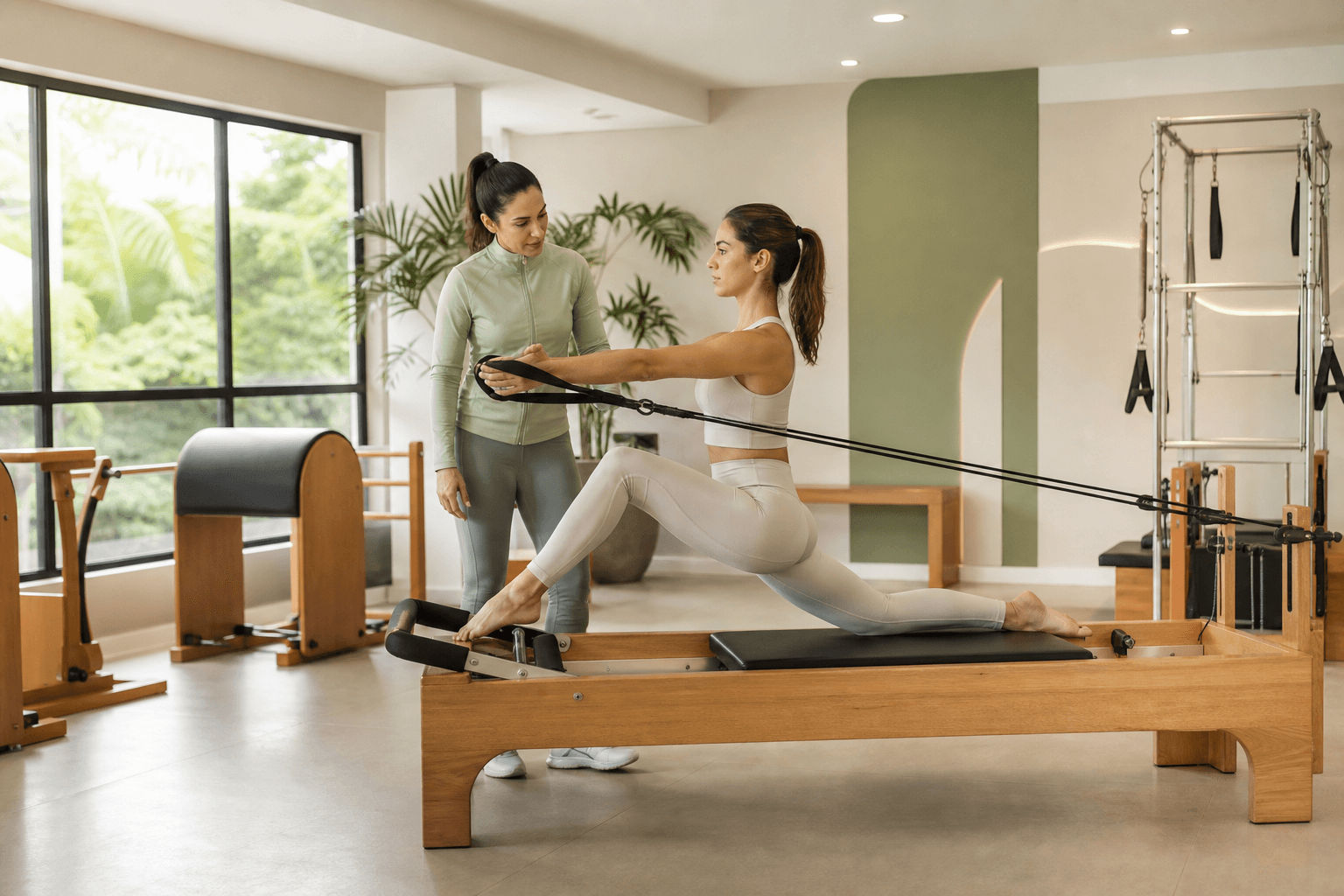 Sala de Pilates acolhedora na Elleva com equipamentos e luz natural
